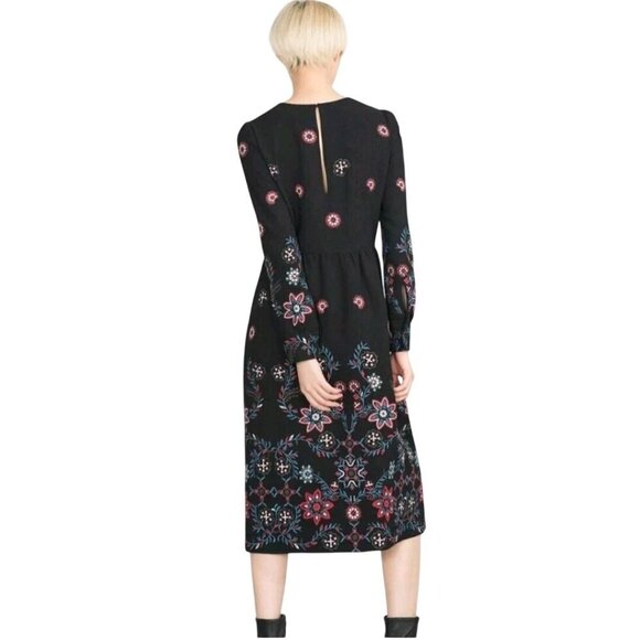 Zara Woman Floral Embroidered Runway Fav Long Sleeve Black Midi Dress Size M - Picture 4 of 14